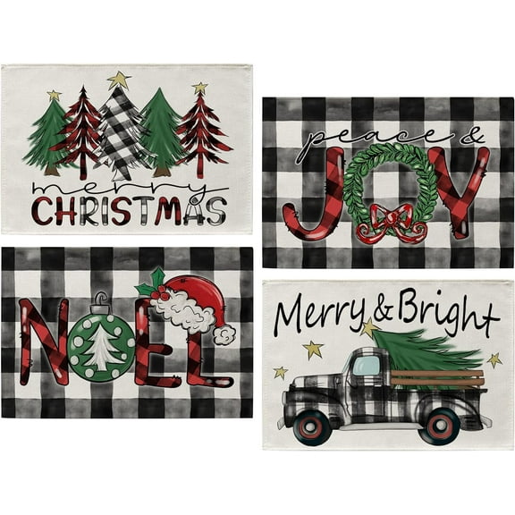Merry Christmas Bright Placemats Set of 4, Black White Buffalo Plaid Truck Tree Peace Joy Noel Dining Table Place Mats Home Kitchen Decor, Xmas Santa Winter Decoration 12 x 18 Inch