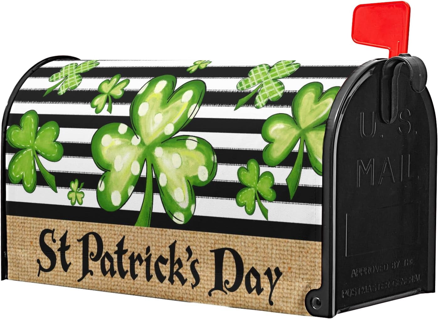 St. Patrick''s Day Mailbox Cover Magnetic Standard Size 18" X 21" Green Love Clover Black and White Stripe Mailbox Covers Magnetic Mailbox Covers Post Letter Box Cover for Outdoor Decor