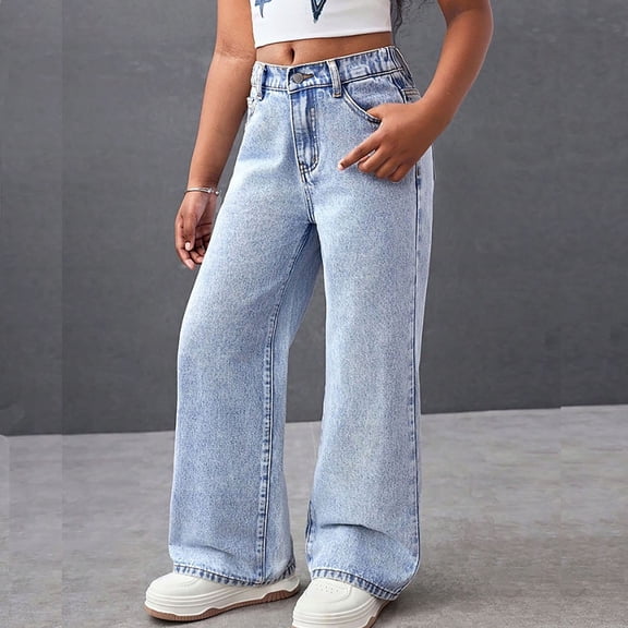 ZHOGXU Big Kids Girls Jeans Back Pocket Bow Embroidered Elastic Waist Straight Leg Fashion Comfortable Denim Pants For Casual Daily Wear Blue 9-10 Years