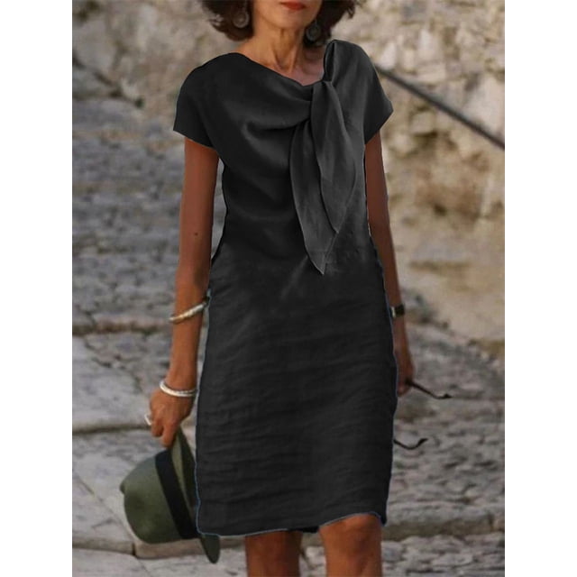 Robe Vintage en Coton et Lin Vêtements pour Femmes Été Décontractée à Lacets Col Rond Chic Tuniques Mode Midi Bleu Blanc Robes Vestidos