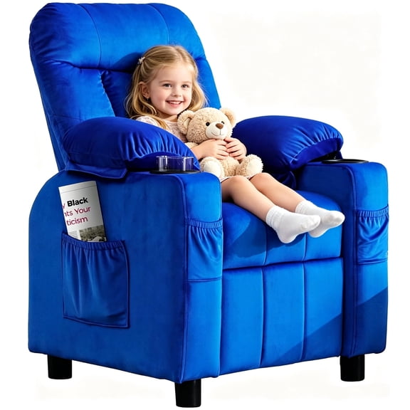 ICEELF Kids Recliner Chair with Cup Holder, Adjustable Velvet Lounge Chair with Footrest, Side Pockets for Boys Girls Bedroom, Navy
