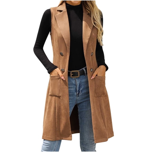 Plus Size Utility Long Button Vest for Women Lapel Sleeveless Lightweight Casual Suede Vests Jacket with Pockets