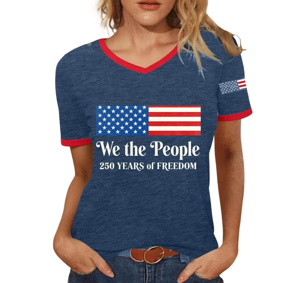 IDOCLOTHES 4th of July V Neck T Shirts for Women Vintage 250 Years of Freedom 250 Anniversary USA Flag Tshirts Loose Fitted Short Sleeve Patriotic Tee Shirt Tops Dark Blue, XXL