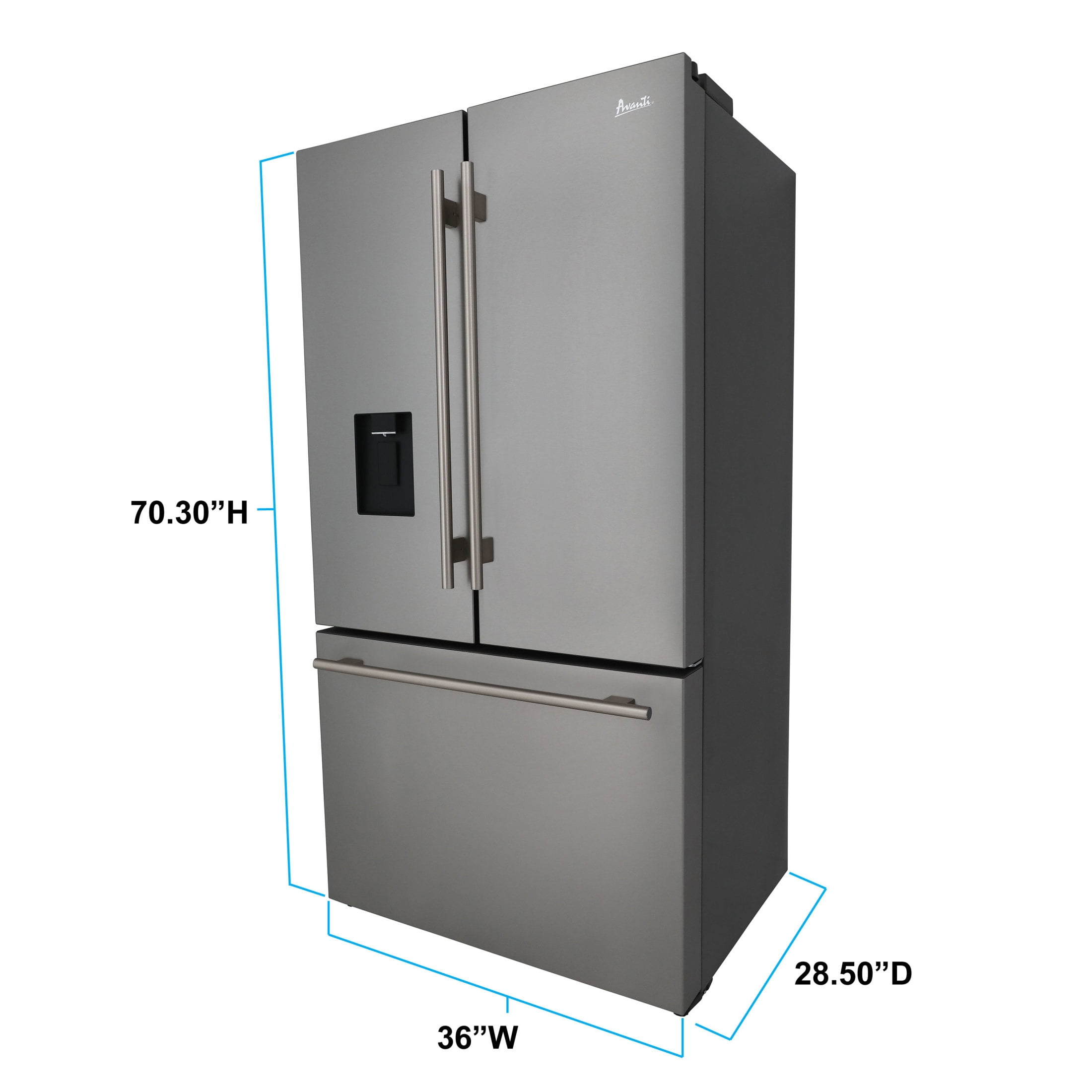 Avanti French Door Refrigerator with Water and Ice Dispenser, 22.1 cu ft Capacity, in Stainless Steel (FFFD22IWR3S)