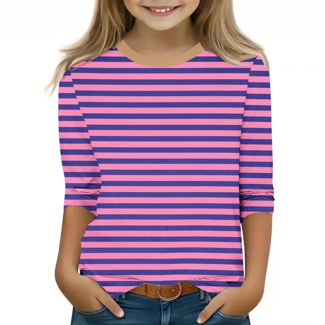 MKOSPLRT T-Shirts Rayés pour Fille Manches 3/4 Hauts Décontractés Col Rond T-Shirts à Blocs de Couleur Confortables pour Sortir Offres en Liquidation