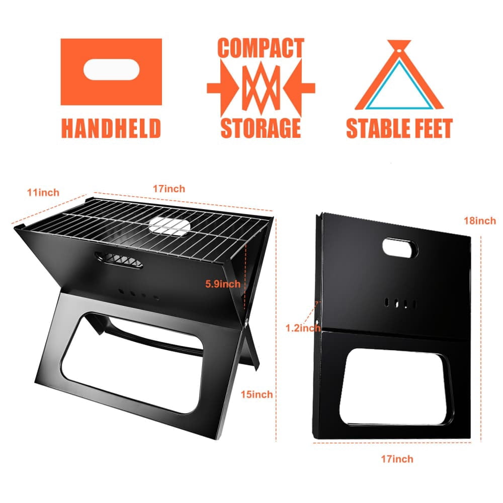 Tcbosik Small BBQ Grill, Foldable & Portable Campfire Grill, Heavy Duty Charcoal Grill for Outdoor Cooking, Bonfire, Patio, Backyard, Black