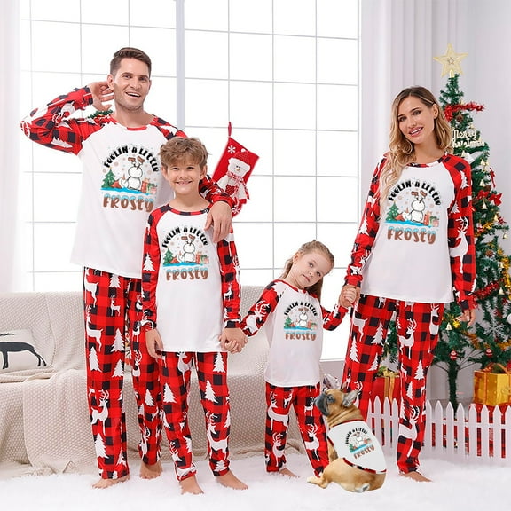 Jenny Family Matching Christmas Pajamas Set – Snowman Print Tops & Red Plaid Pants, Holiday Sleepwear for Adults, Kids & Pets