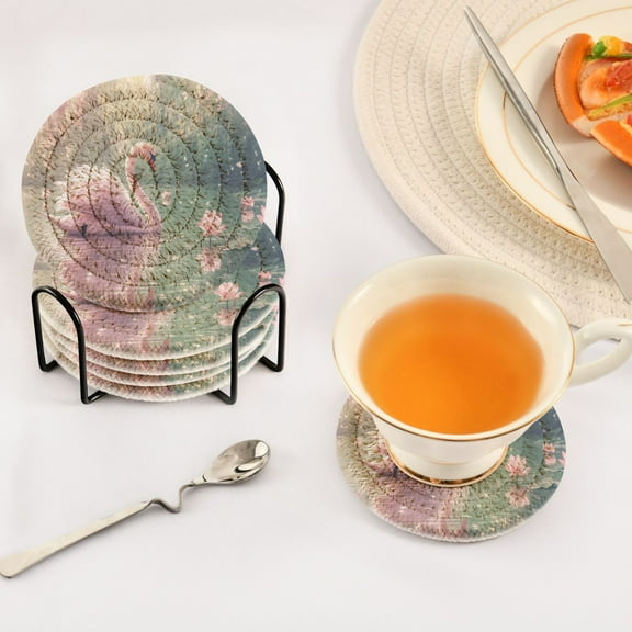 BZSMCE 6Pcs Drink Coasters With Holder 3.94Inch Swan on Pond with Flowers Creative Coil Coaster Coasters Colors Absorbent Coasters for Drinks Coasters Set Thicken Heat for Home Table
