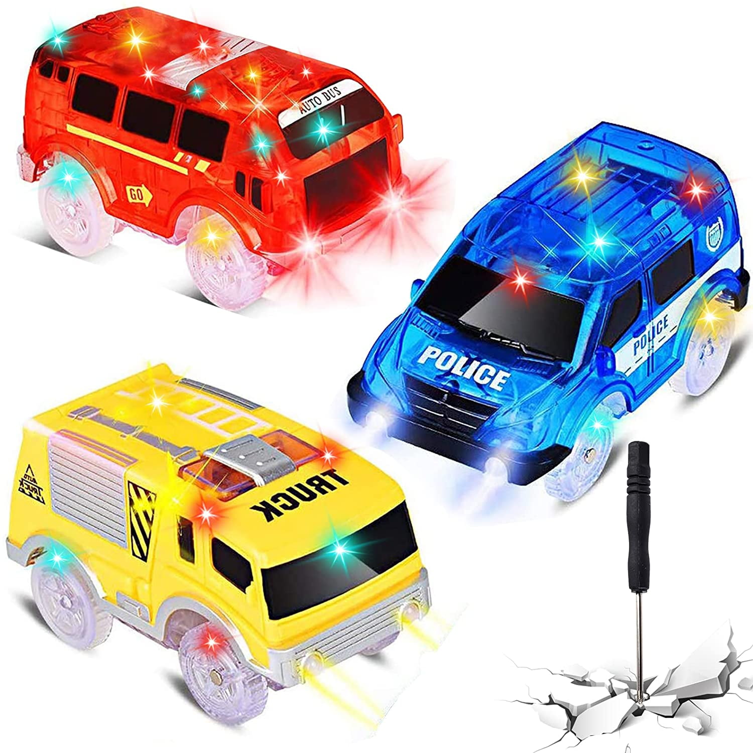 Dearhouse Tracks Cars Replacement Toy Cars for Magic Tracks Glow in the Dar Racing Car Track Accessories with 5 Flashing LED Light Compatible with Most Car Tracks for Kids Boys and