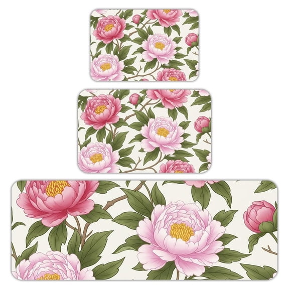 RKSupls Kitchen Rug Set 3 Piece Anti-Slip Flannel Floor Mats, Pink Peony Washable Absorbent Runner Mats for Kitchen Bathroom Home Decor