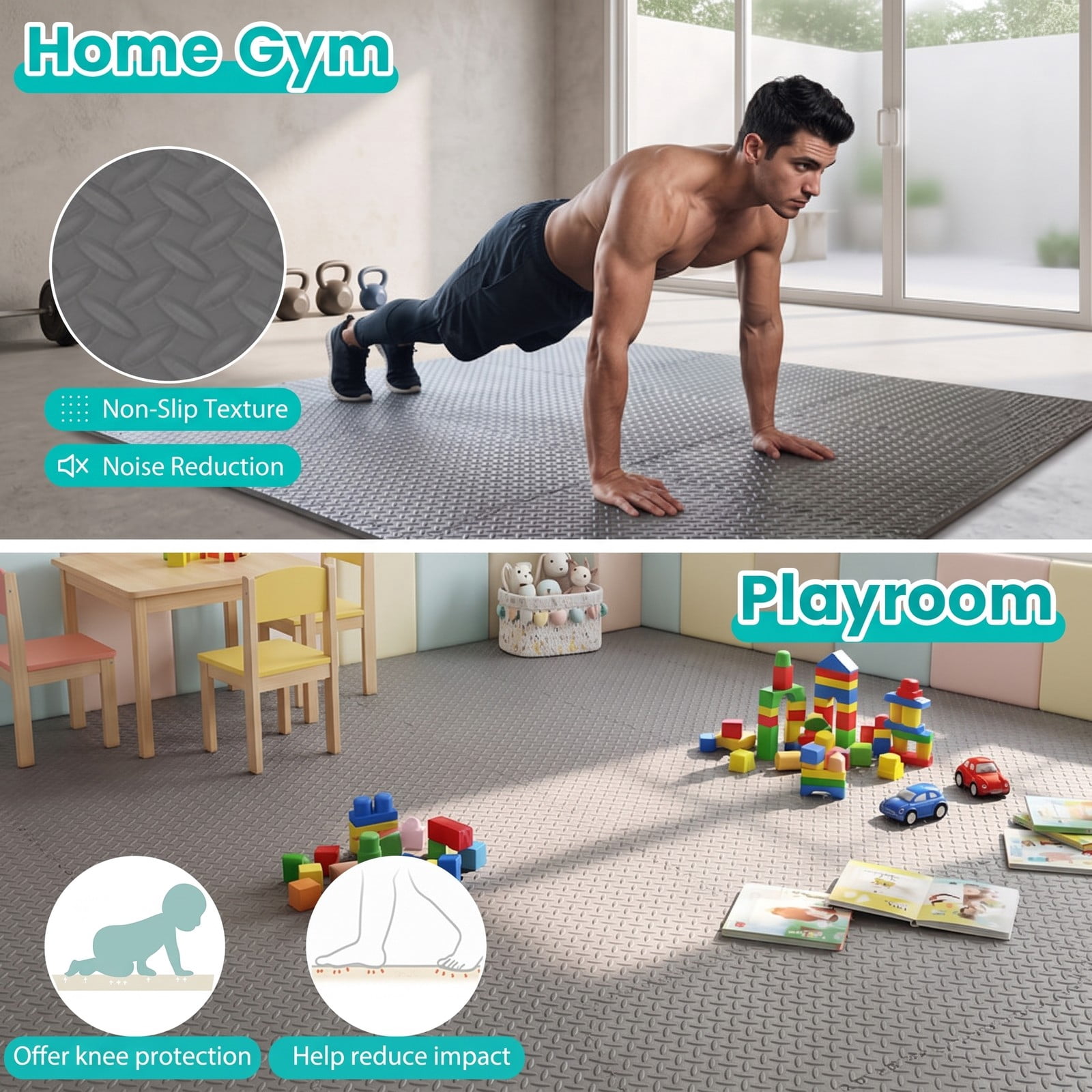 Airfind 12 Tiles Puzzle Exercise Floor Mat with Interlocking EVA Foam and Non-Slip Texture for Home Gym Equipment Protection, Gray