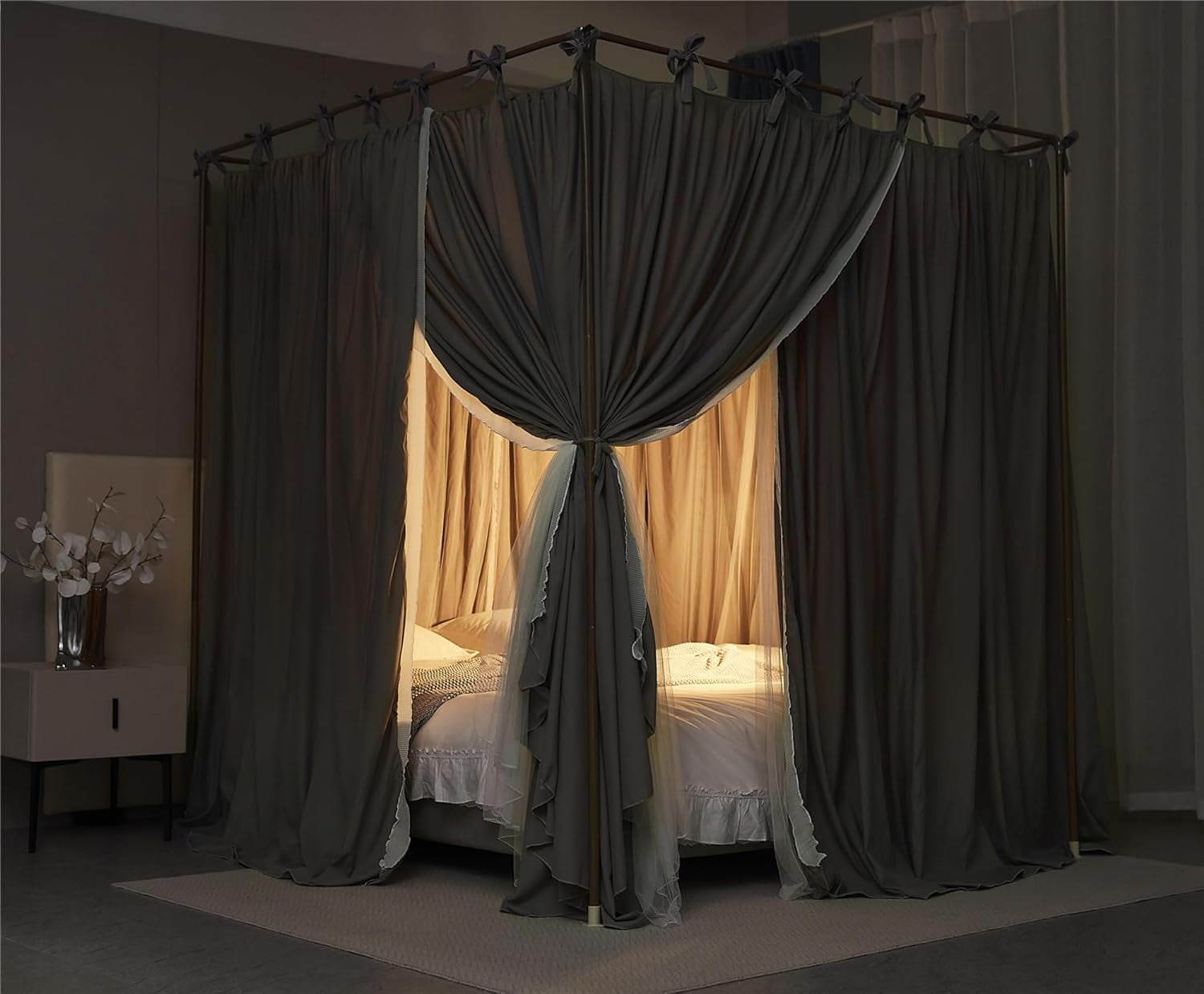 4 Corners Post Princess Curtain Bed Canopy Double Layer Cozy Mosquito Net Mesh and Cloth for Girls Adults Bedroom Decoration (Double-Grey/White, 53" W*78" L*82"*H/(Full))
