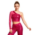 thumbnail image 7 of iiniim Girls Sparkle Sequins Ballet Dance Crop Tops Mesh Sleeve One Shoulder T-Shirt Jazz Hip Hop Dancewear Hot Pink 16, 7 of 7