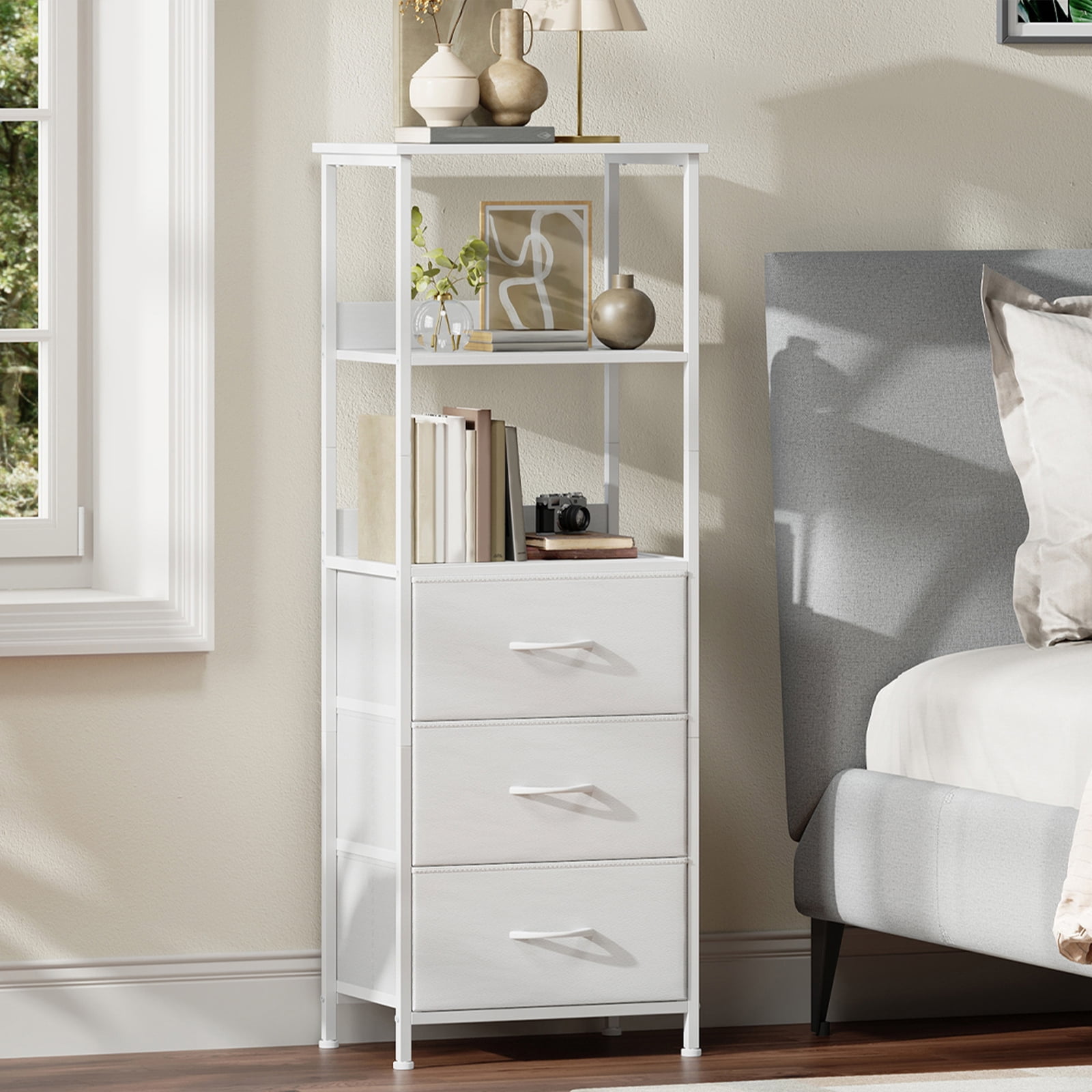 Eunos 6 Tier White Bookcase with Drawers, 3 Removable Drawer Ladder Bookshelf, Bedroom Study