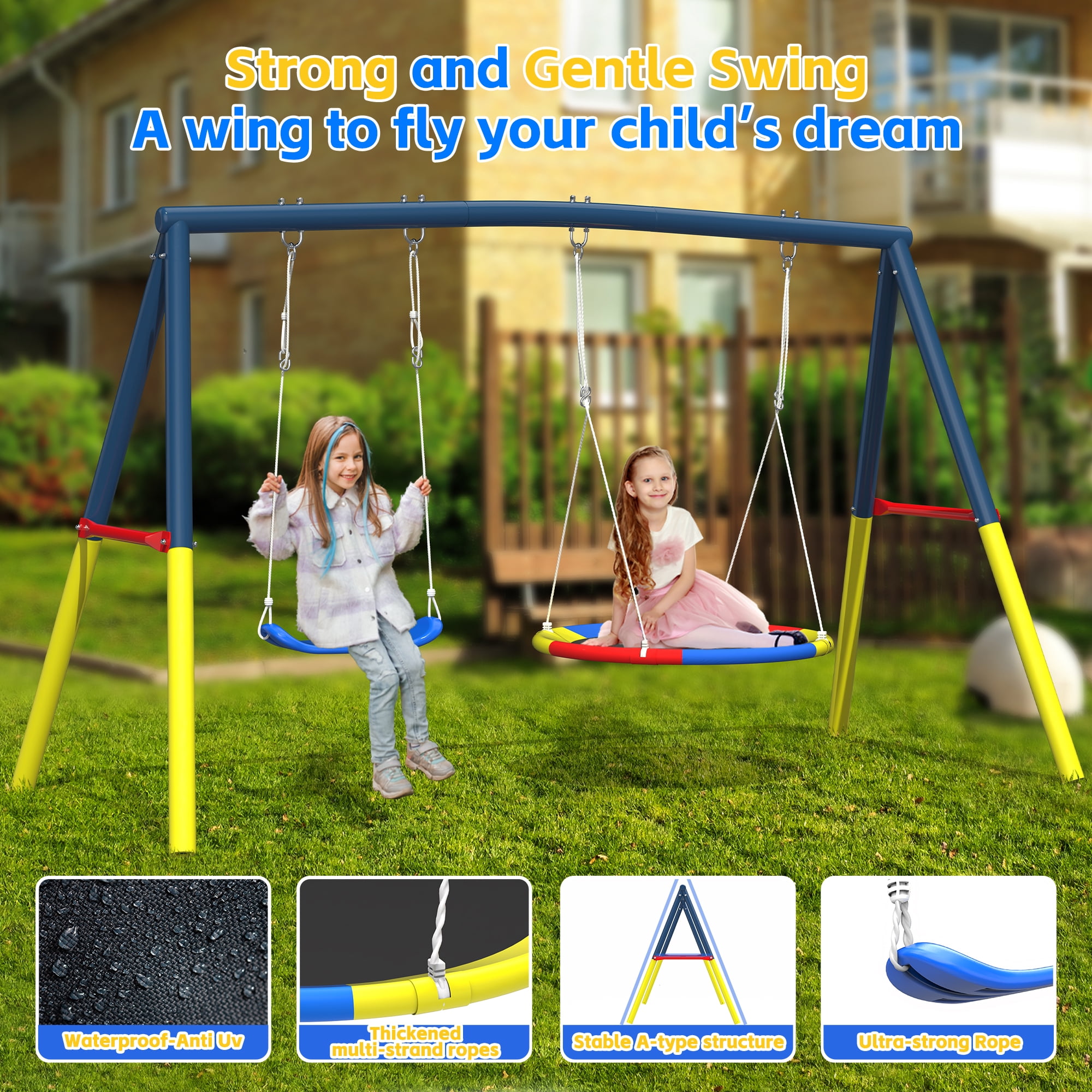 Mersco 8x14FT 4-in-1 Trampoline with Swing Set , Enclosure Net, Recreational Trampoline, Outdoor Kids Trampoline for Backyard, Beach, Birthday Gifts,Green