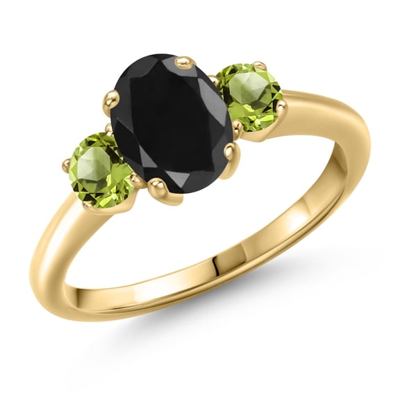Gem Stone King 2.26 Ct Oval Black Sapphire Green Peridot 18K Yellow Gold Plated Silver Ring (Size 5)