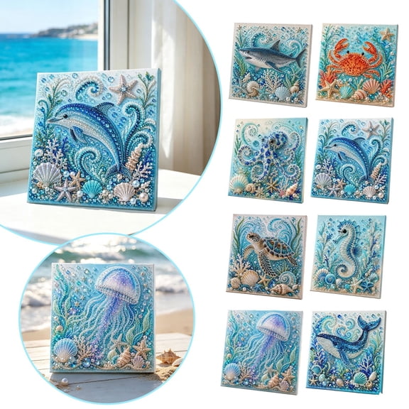 Ocean Marine Theme 5D Diamond Painting Kit Sea Animal DIY Rhinestone Art Set for Adults & Kids Dolphin Octopus Turtle Shark Diamond Craft Decor - 7.87" x 7.87"
