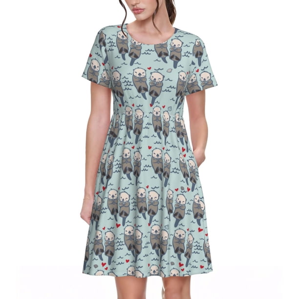 Disketp Sea Otter para Vestido de Manga Corta para Mujeres, Vestidos de Verano para Mujeres, Casual y Holgado para la Playa