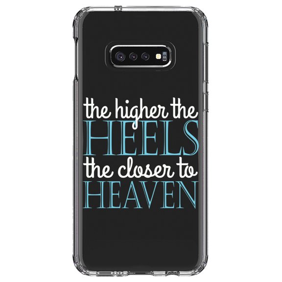 DistinctInk Clear Shockproof Hybrid Case for Samsung Galaxy S10e (5.8" Screen) - TPU Bumper Acrylic Back Tempered Glass Screen Protector - The Higher the Heels The Closer to Heaven