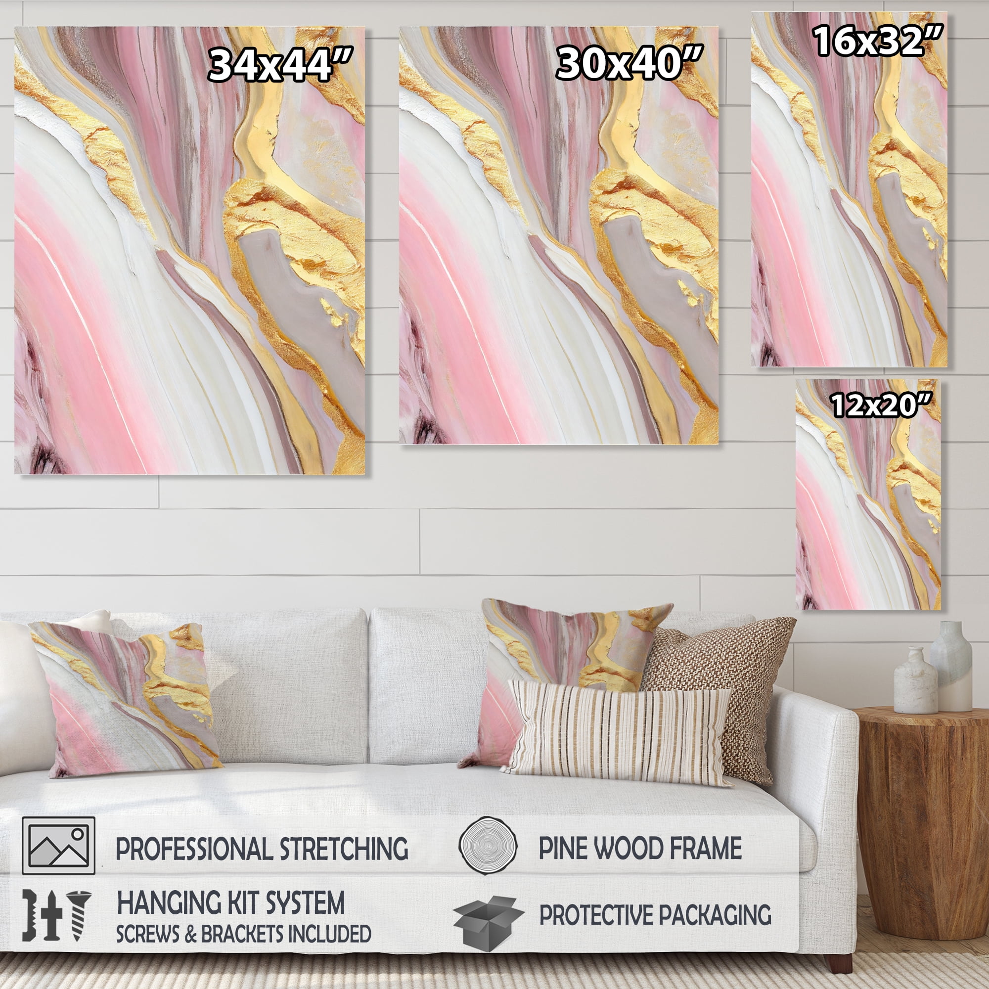 Designart Pink And Gold Marble Abstract III Canvas Wall Art