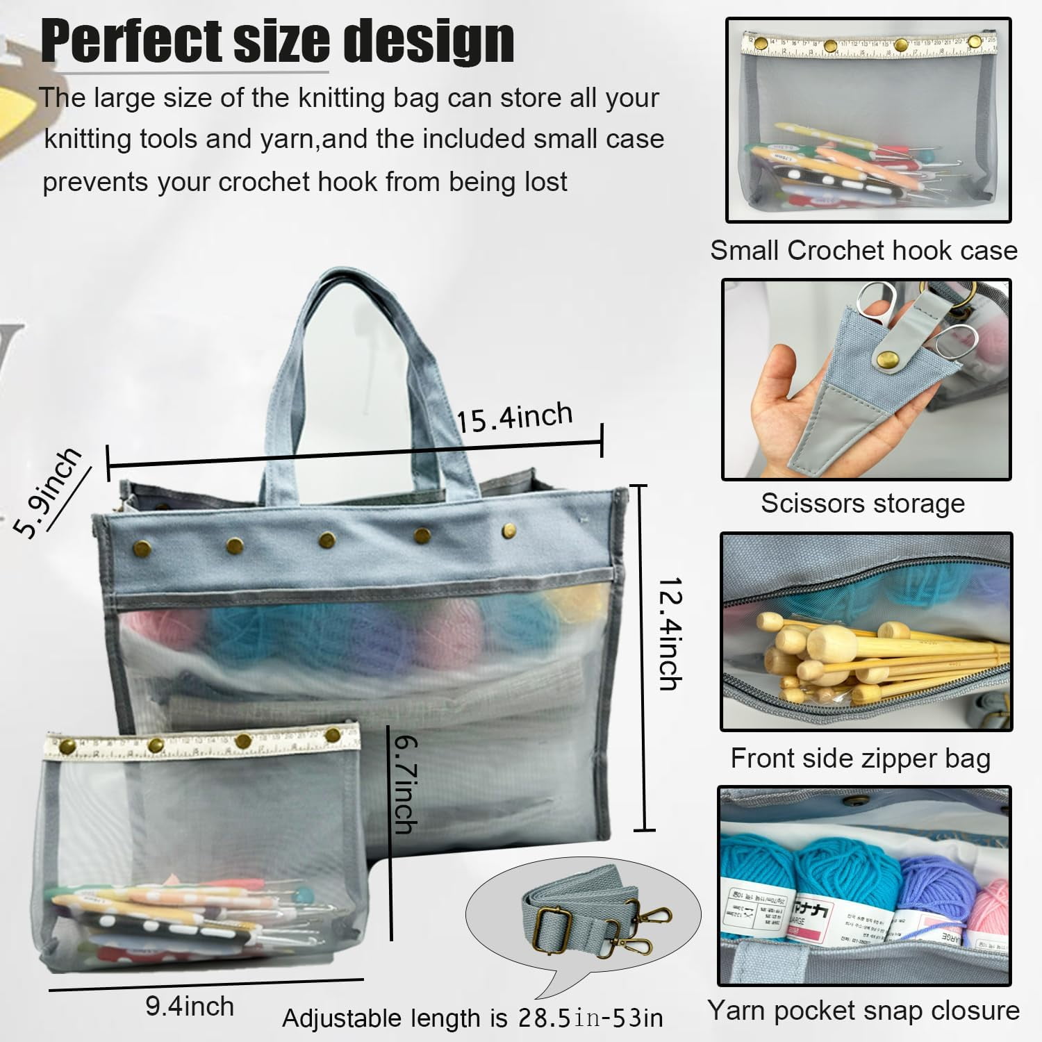 ABCISI Knitting Bag Large Yarn Storage Organizer, Crochet Bags and Totes, Yarn Bags for Crocheting, Crochet Storage Bags for Crochet Hooks Knitting Needles, Knit Bags for Crochet Lovers (Grey)