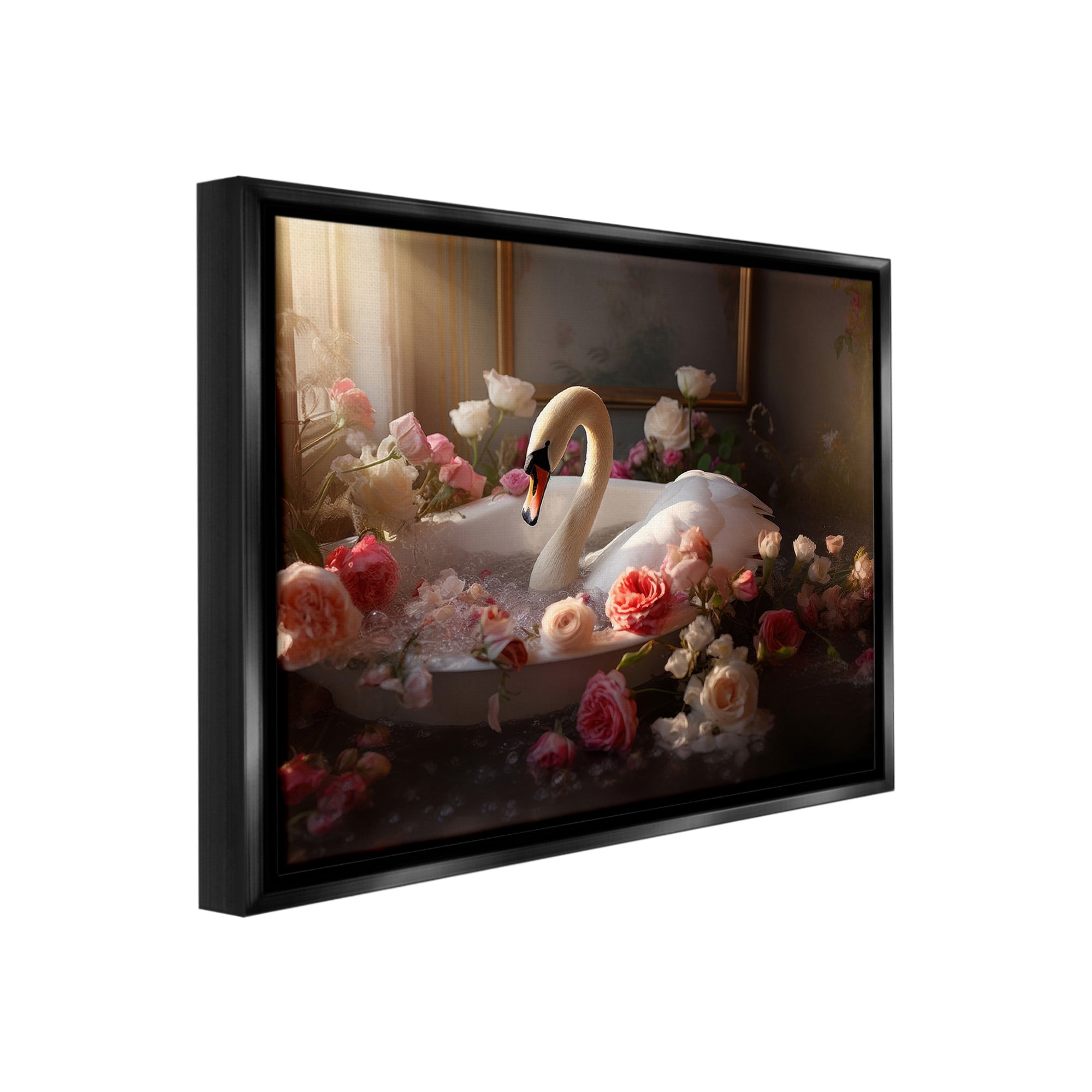Stupell Industries Swan & Bathroom Roses Animals & Insects Painting Black Floater Framed Canvas Art Print Wall Art, 21 x 17