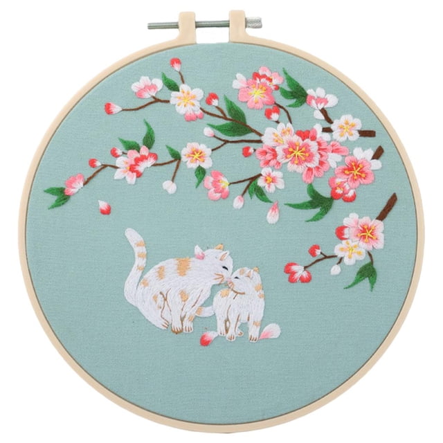 Cross Stitch DIY Flower Fabric Embroidery with Hoop for Beginners Kids Two Cats
