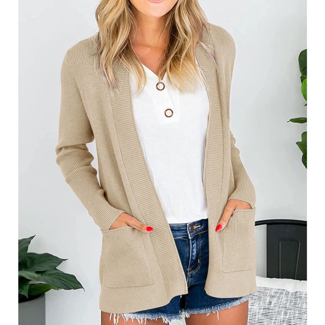 ICHUANYI Clearance Womens Long Sleeved V-neck Cardigan Solid Color Commuting Style Cardigan With Pocket Knit Jacket(Khaki, S) ICHUANYI WER2023081511251