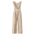 thumbnail image 4 of Womens Overalls Cotton Jumpsuits Ruffle Trim Sleeveless Romper Wide Leg Empire Waist Overall with Pockets, 4 of 5