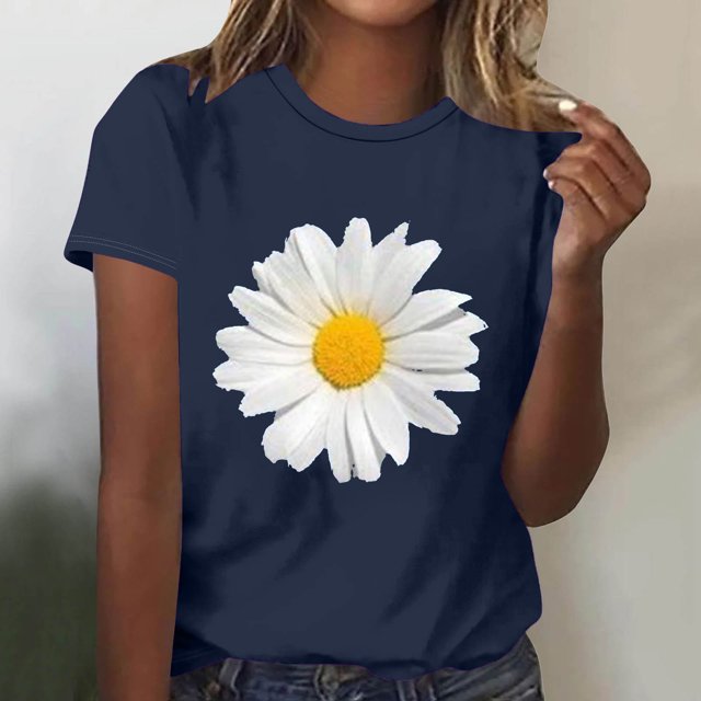 Womens Round-Neck Blouses Short Sleeved T Shirts Daisy Flower Print Top