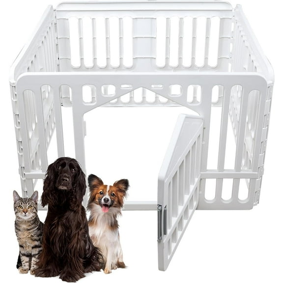 Plastic Dog Playpen for Yard, RV Camping, 4-Panel 24 inch Tall Dog Exercise Pen, Pet Playpen w/Door, White