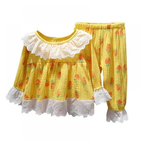 

Kids Girls Cute Cartoon Fruit Sleepwear Long Sleeve Pajamas Home Wear Long Trousers Set