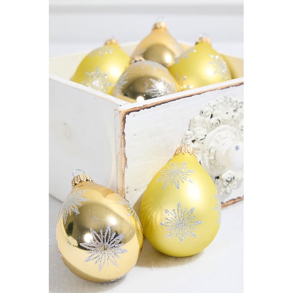 6ct Glass Drop Aztec Gold & Gold Velvet with Silver Snowflakes Ornaments