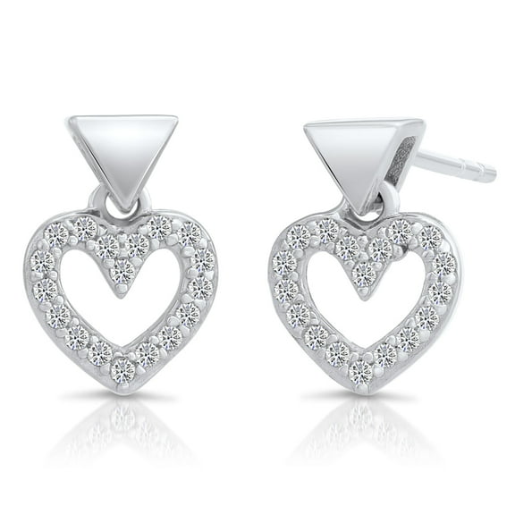 Tilo Jewelry .925 Sterling Silver Heart Dangle Drop Stud Earrings with Cubic Zirconia CZ Stones for Women & Unisex