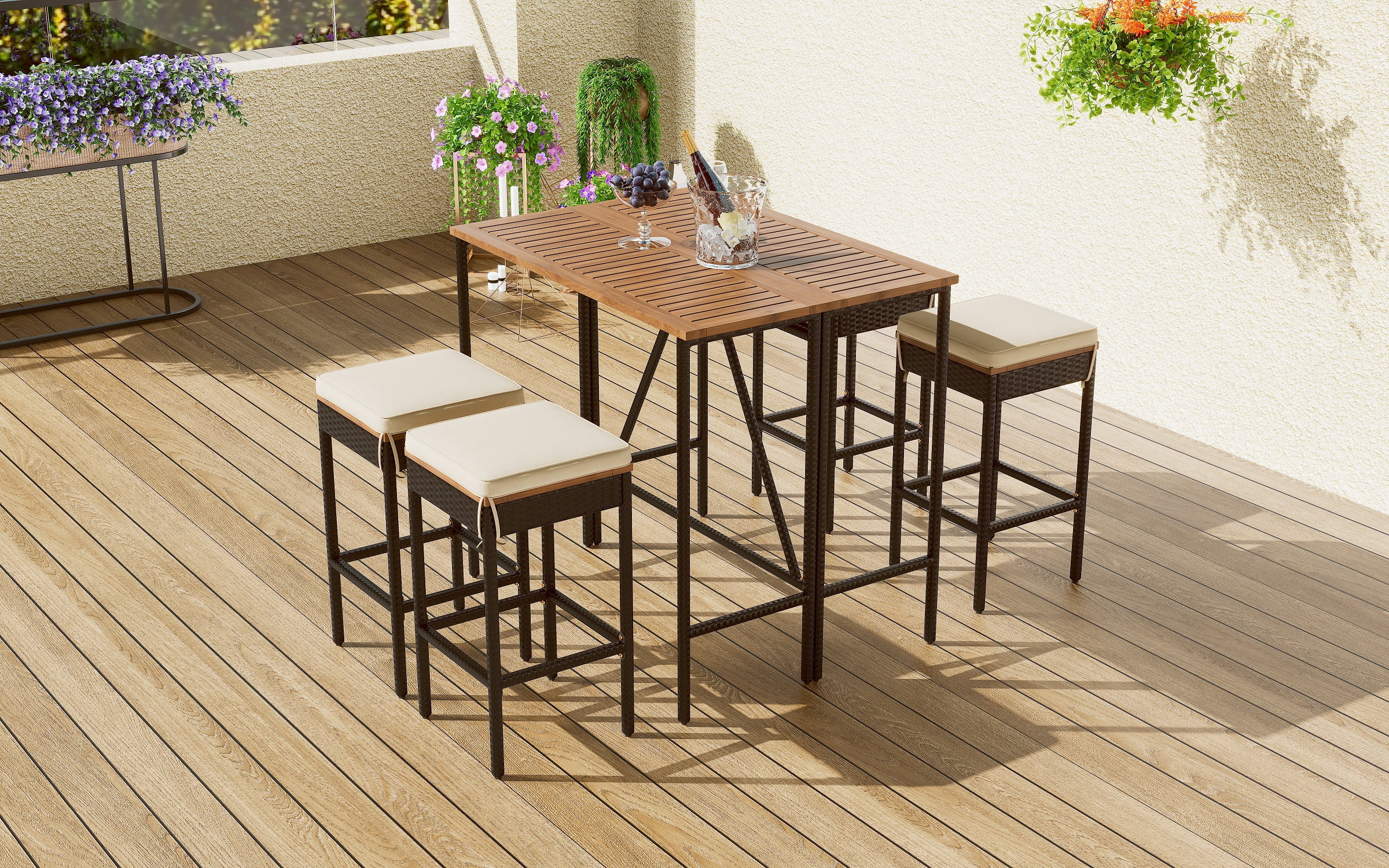 Outdoor Bar Height Dining Set 5-Piece, Acacia Wood Table & 4 Stools with Cushions, PE Rattan Wicker Bistro Set with Foldable Tabletop, Space Saver, Brown