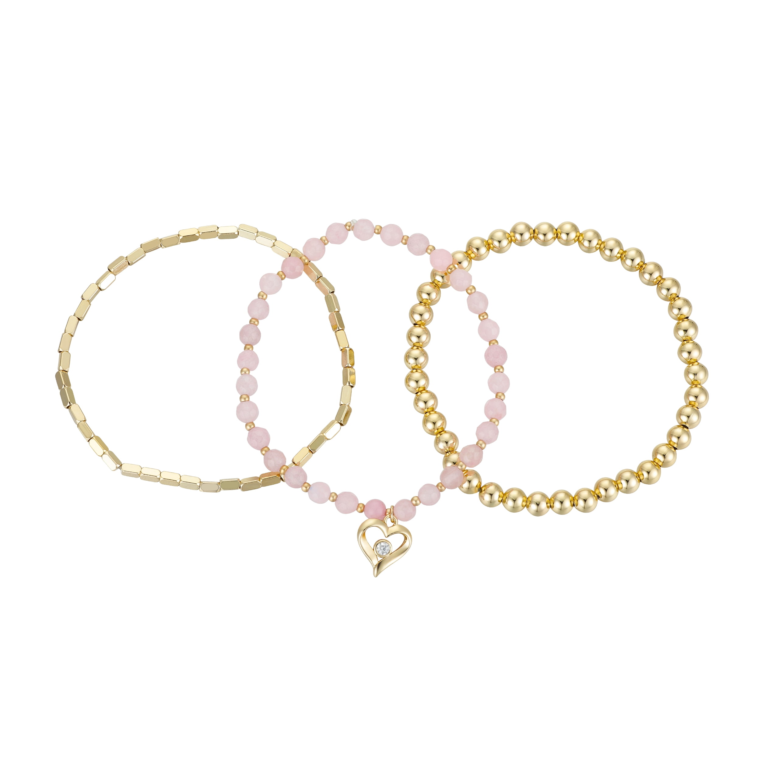 14Kt Gold Flash Plated Cubic Zirconia Rose Quartz Heart Bracelet Set, 7.5' Stretch