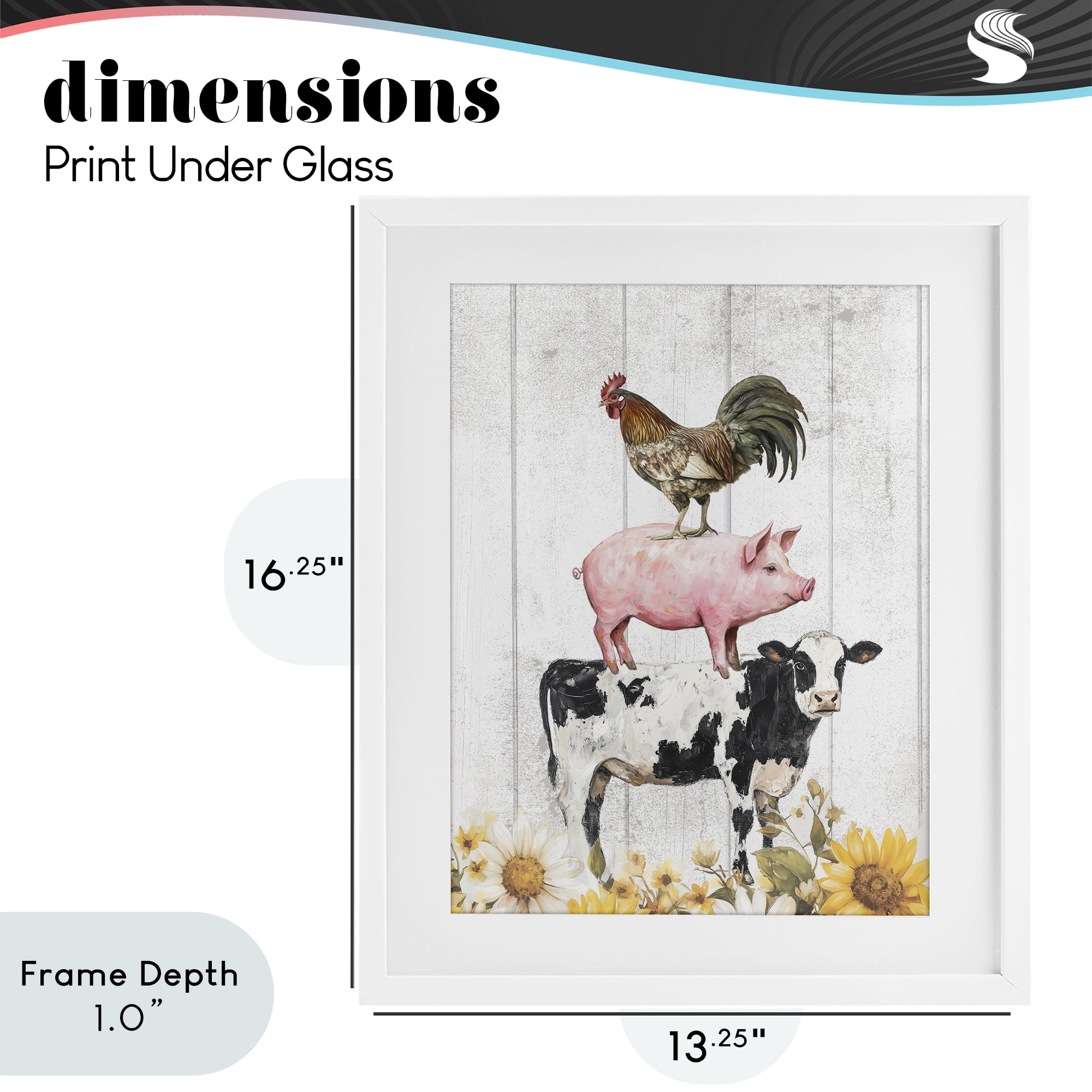 Stupell Industries Farm Animal Stack and Sunflowers White Framed Print Under Glass, design by Christine Simpson Art