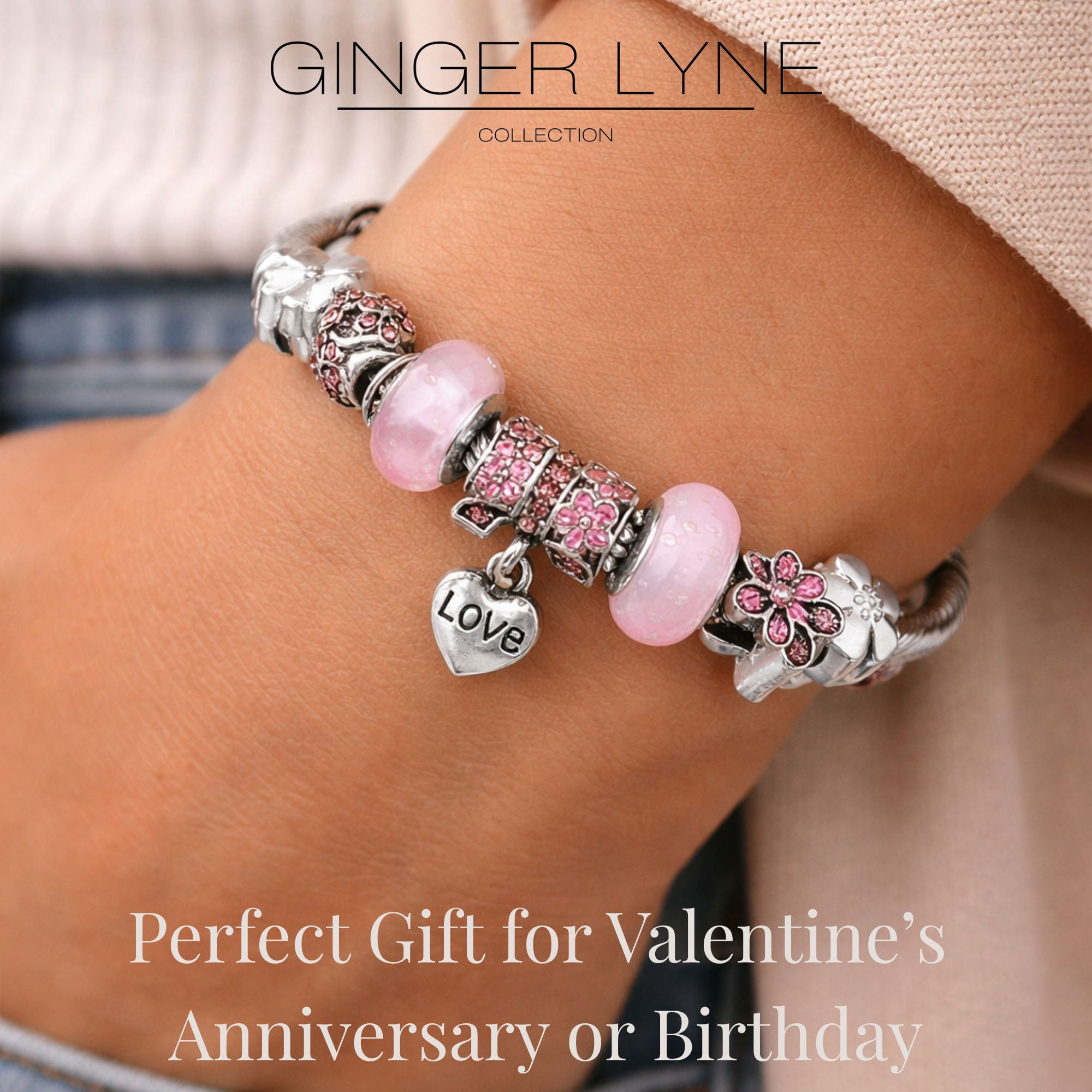 Love Theme Cable Charm Bracelet for Women by Ginger Lyne Alloy Pink Italian Style Beads Valentines Gift