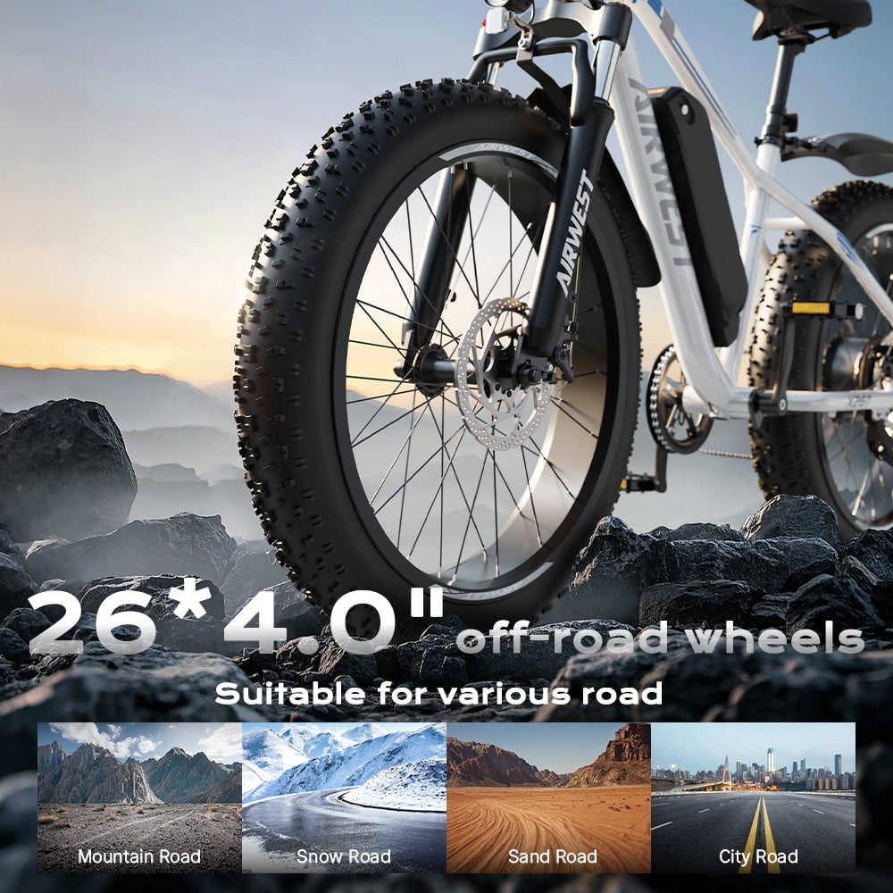 AIRWEST 26" Fat Tire Electric Mountain Bike for Adults, 750W Peak Motor, 48V 13Ah Removable Battery, 7-Speed, All-Terrain E-Bike for Snow, Sand & Trails, Up to 25MPH，UL2849