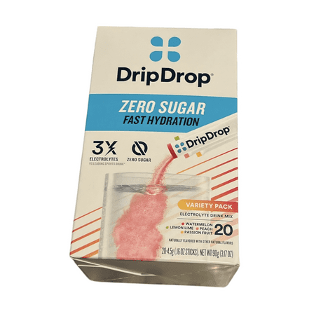 DripDrop Zero Sugar Fast Hydration Variety Pack: Watermelon, Lemon Lime, Peach, Passion Fruit, 20 count