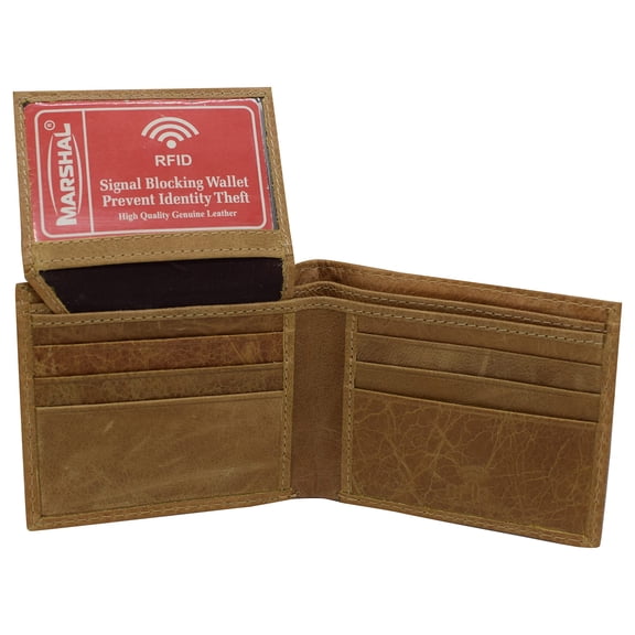 Cowhide Leather Mens RFID Blocking Flap Up ID Window Bifold Tan Wallet for Men