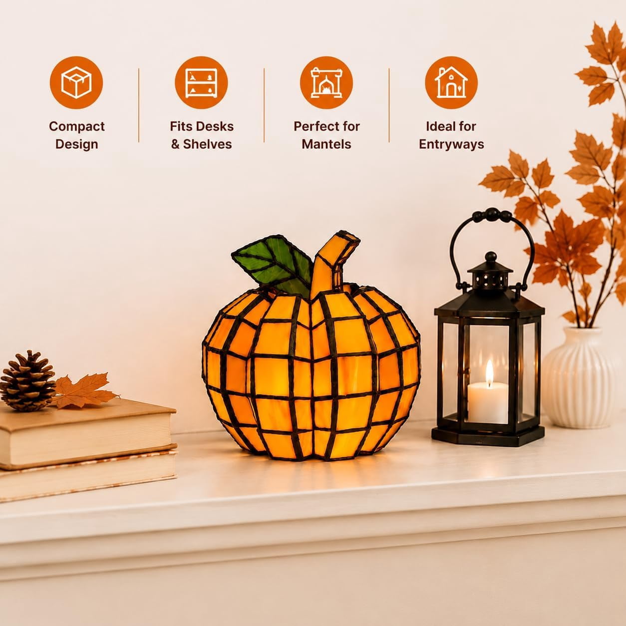 Stained Glass Pumpkin Lamp,Halloween Light with Warm Glow,Table Fall Decor