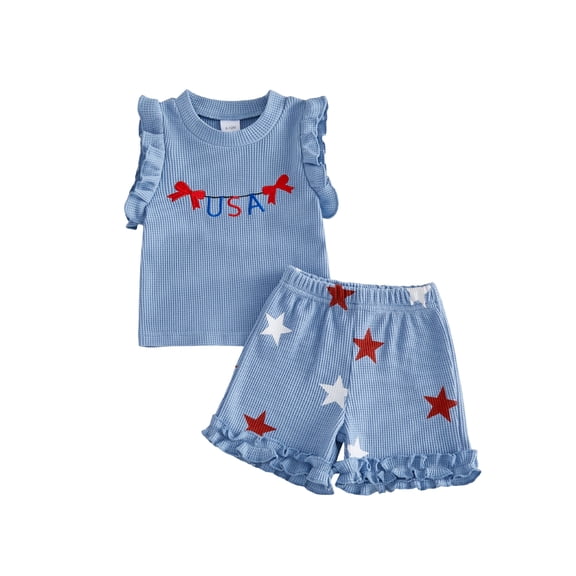 Cenuakty Toddler Newborn 6M 12M 18M 24M 2T 3T 4T Girls 4th of July Set Sleeveless Letters Bow Print Tank Top and Stars Shorts Outfit