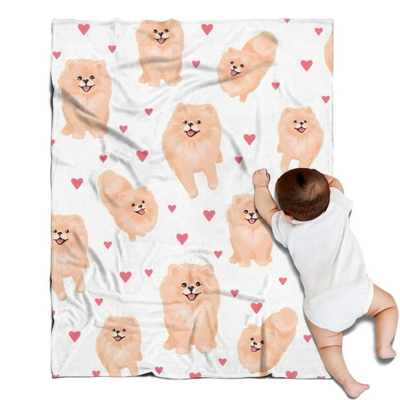 Pomeranian Dogs with Hearts Blanket,Comfortable Soft Flannel Throw Blanket,All Season,Warm Lightweight Blankets for Sofa Bed Couch Living Room Chair,30"x40"