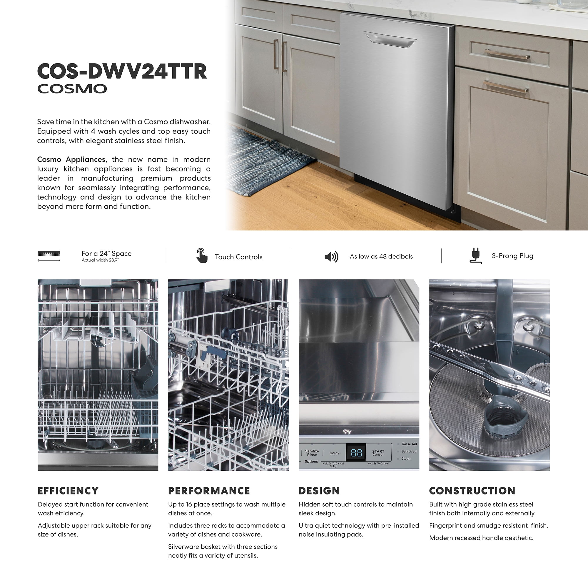Cosmo 24 in. Vista Collection Built-in Dishwasher, Advanced Sanitize Technology in Stainless Steel