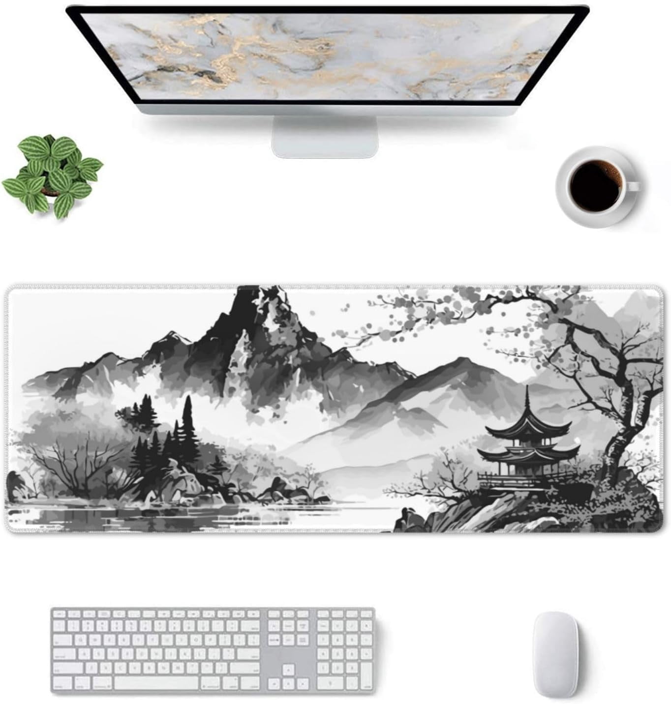Japanese Cherry Blossom Gaming Mouse Pad XL 31.5×11.8 Inch Black White Watercolor Floral Mountain Extended Mousepad 30X80cm Non-Slip Rubber Base Stitched Edge Large Desk Pad for Gamer Office Home