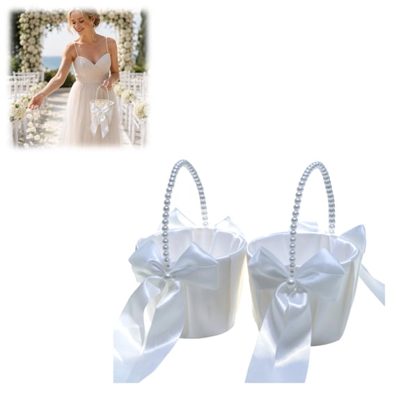 2PCS Flower Girl Basket, Flower Baskets for Wedding Pearl Handle White Satin Bowknot flower Baskets, Ivory Fariy Wedding Baskets for Flower Girls Wedding Decor