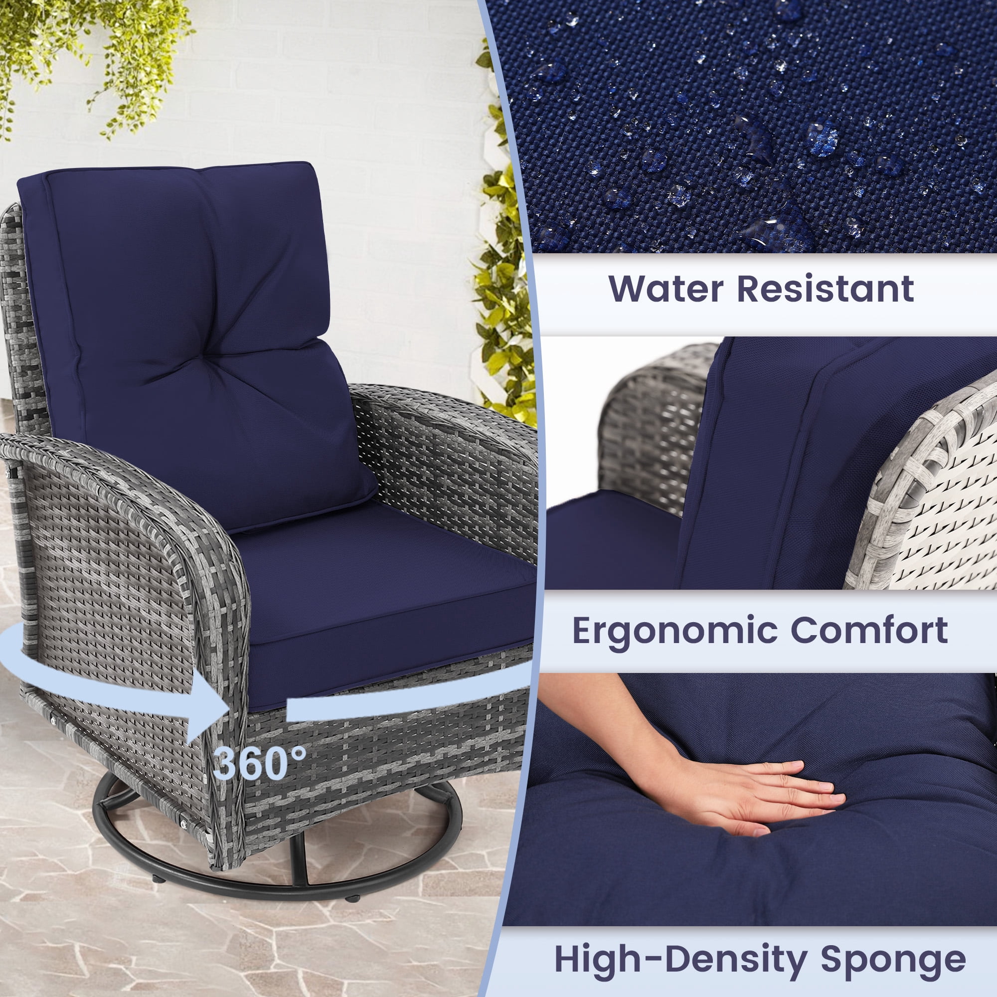 LOGYAT 3-Piece Swivel Wicker Patio Furniture Set, All-Weather Resin Rattan Chairs with Washable Cushions, Tempered Glass Top Side Table for Porch Deck Balcony, Blue Cushions