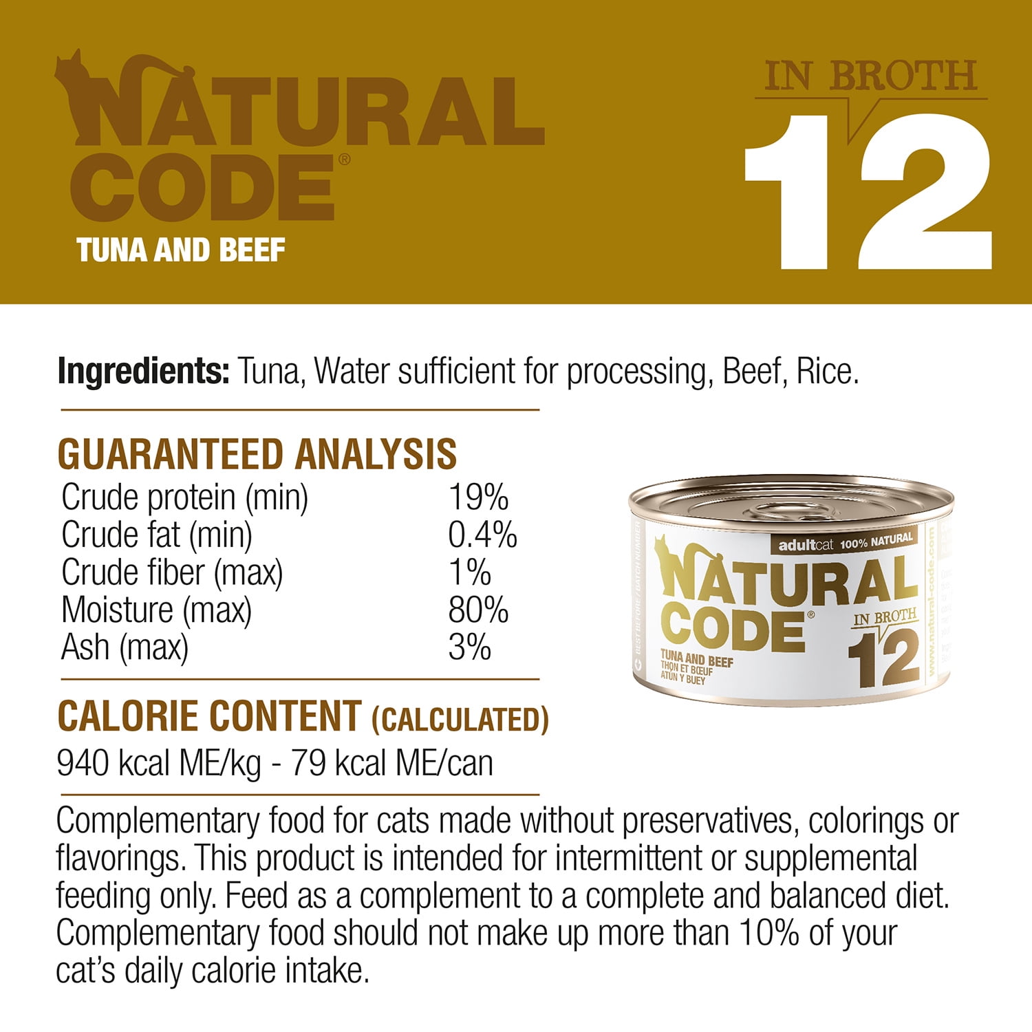 Natural Code - Wet Cat Food, Limited Ingredient Cat Food, High-Protein, Non-GMO, No Artificial Additives, Tuna and Beef in Broth for Adult Cats, 3 oz, 24 pack