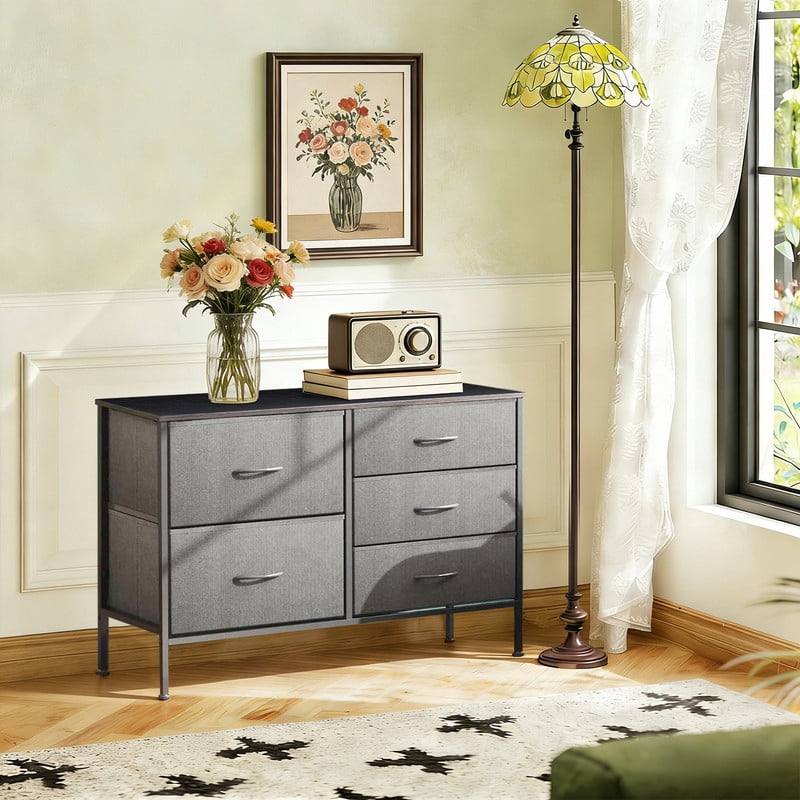 Simenmax 5-Drawer Fabric TV Stand, 39.4-Inch Entertainment Center with Wood Top & Sturdy Metal Frame, Storage Dresser for Bedroom, Living Room, Hallway, Gray